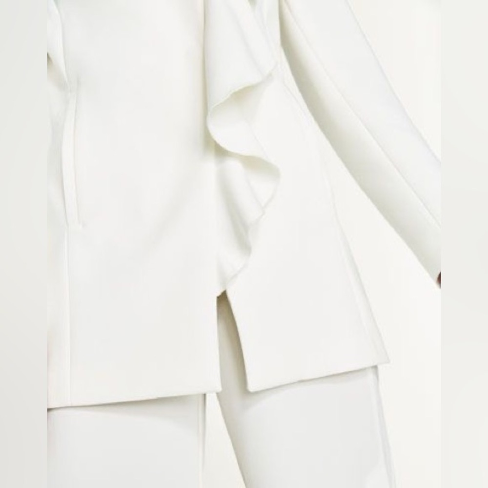 ZARA Off White Ruffle Collarless Blazer Coat Old Money Jacket Holidays Modern XS - Picture 2 of 12